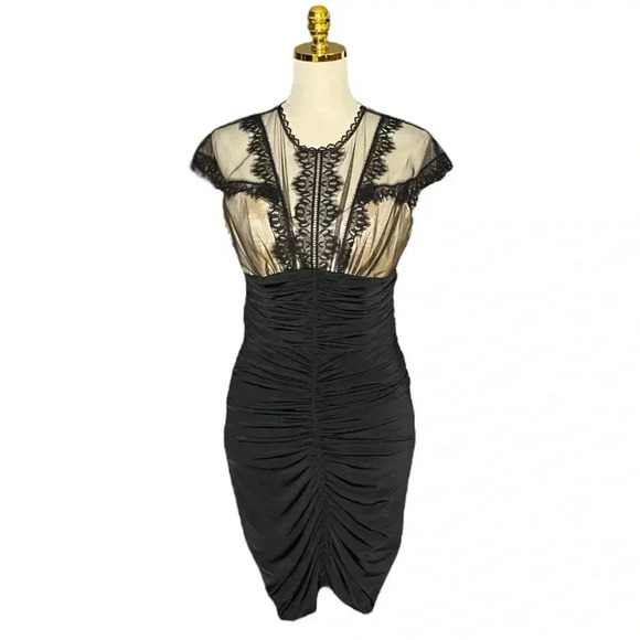 JESSICA McCLINTOCK | Y2K Black Mesh Lace Sheath Ruched Mini Dress Size 10 - Picture 2 of 10